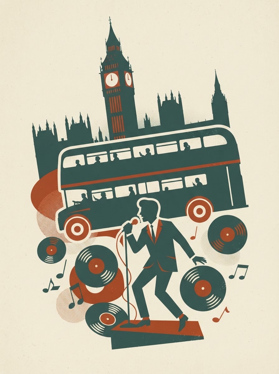 Affiche vintage : chanteur de rock devant le pont de Londres