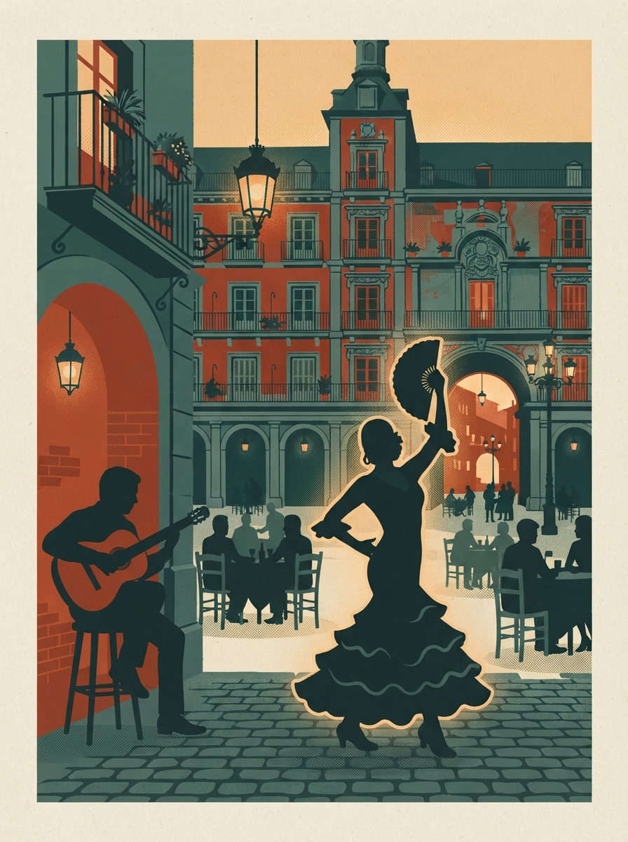 Affiche vintage : guitariste espagnol devant l’Almudena