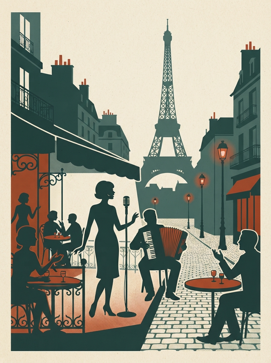 Affiche vintage : chanteuse en terrasse devant la tour Eiffel