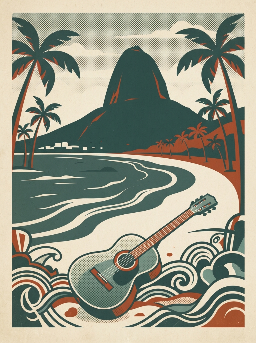 Affiche vintage : guitare bossa nova devant le Pain de Sucre