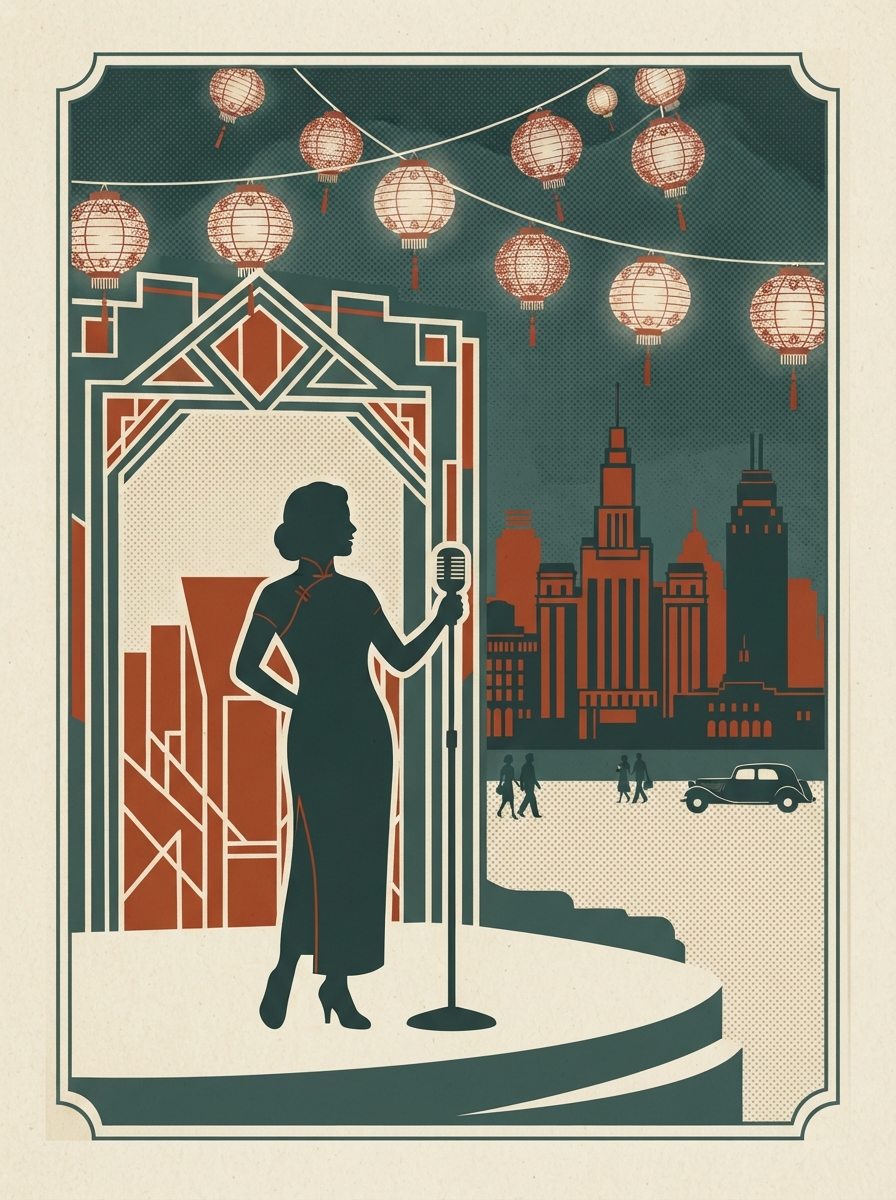Affiche vintage : chanteuse en qipao sous les lanternes de Shanghai