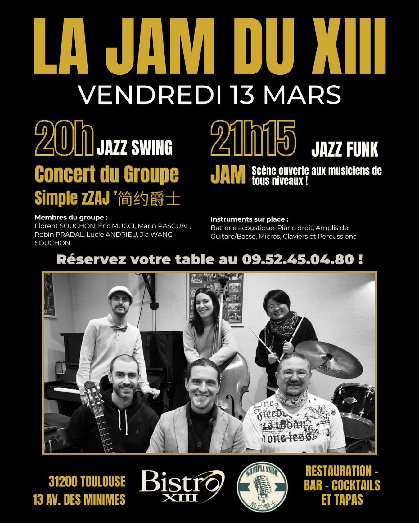 Affiche La Jam du XIII : le sextet Simple Zzaj’ au Bistro XIII, concert jazz swing puis scène ouverte aux musiciens